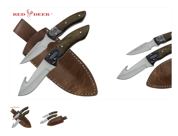 Red Deer Dual Game Skinner Full Tang Pakka Wood 2 PC Set Genuine Leather Sheath