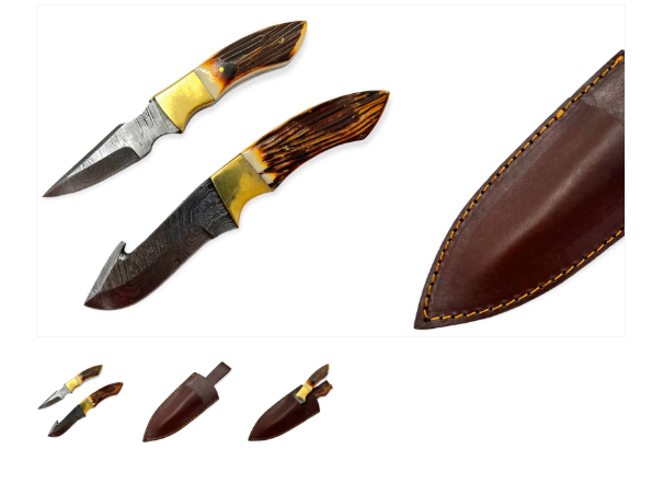 Red Deer Gutting and Skinning Knives Damascus Blade 2 Piece Set with Leather Sheath